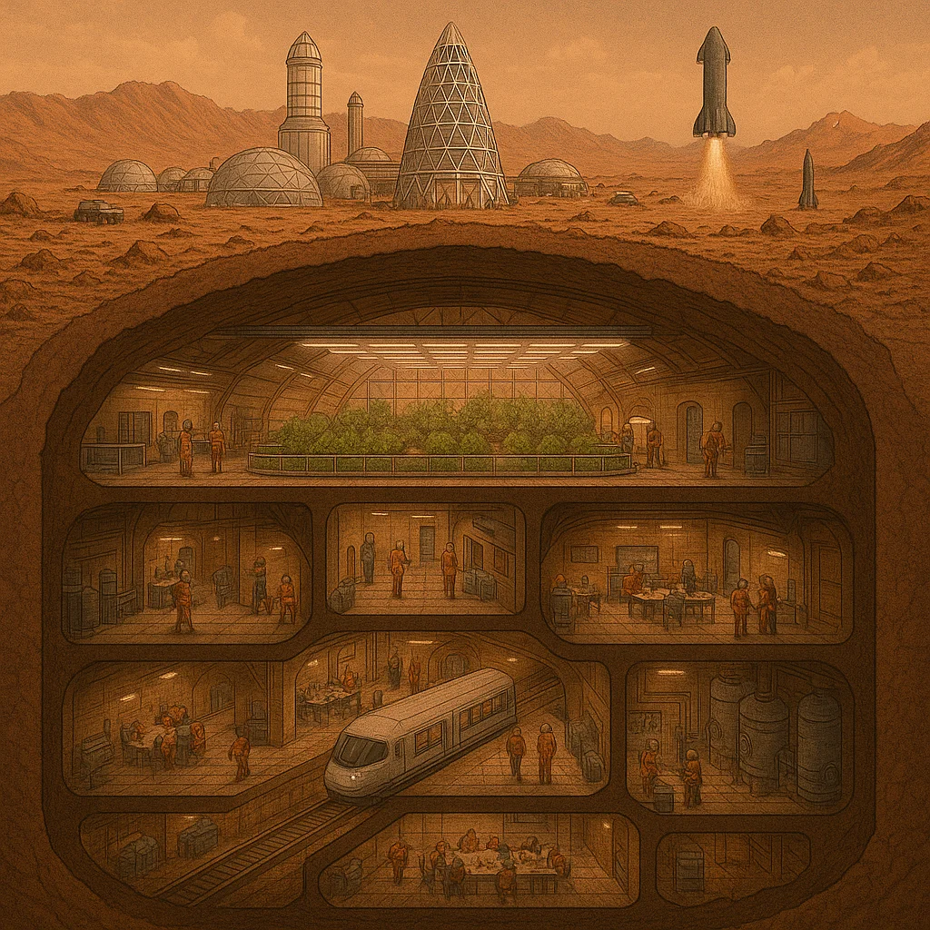 Cross-section of underground Mars city with multiple levels