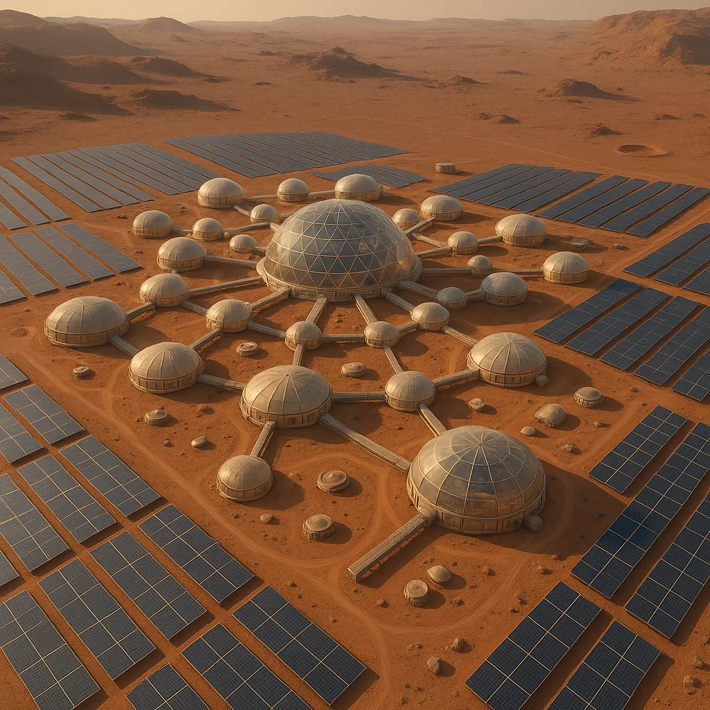 Aerial view of a Mars colony with interconnected domes and solar arrays