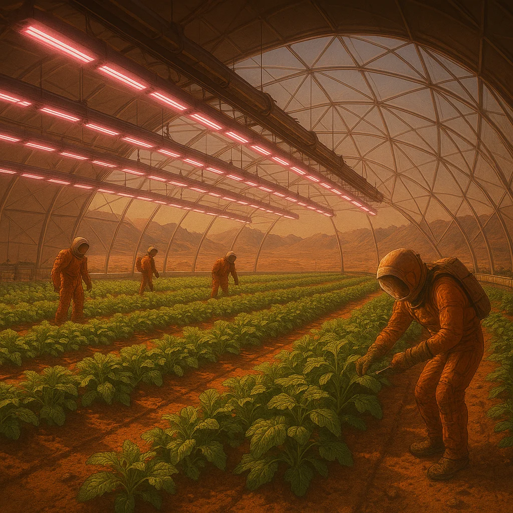 Mars greenhouse with colonists tending to crops under grow lights