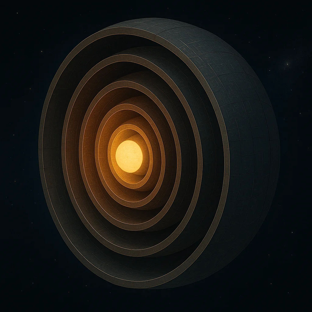 Cutaway view of a Matrioshka brain showing nested shells