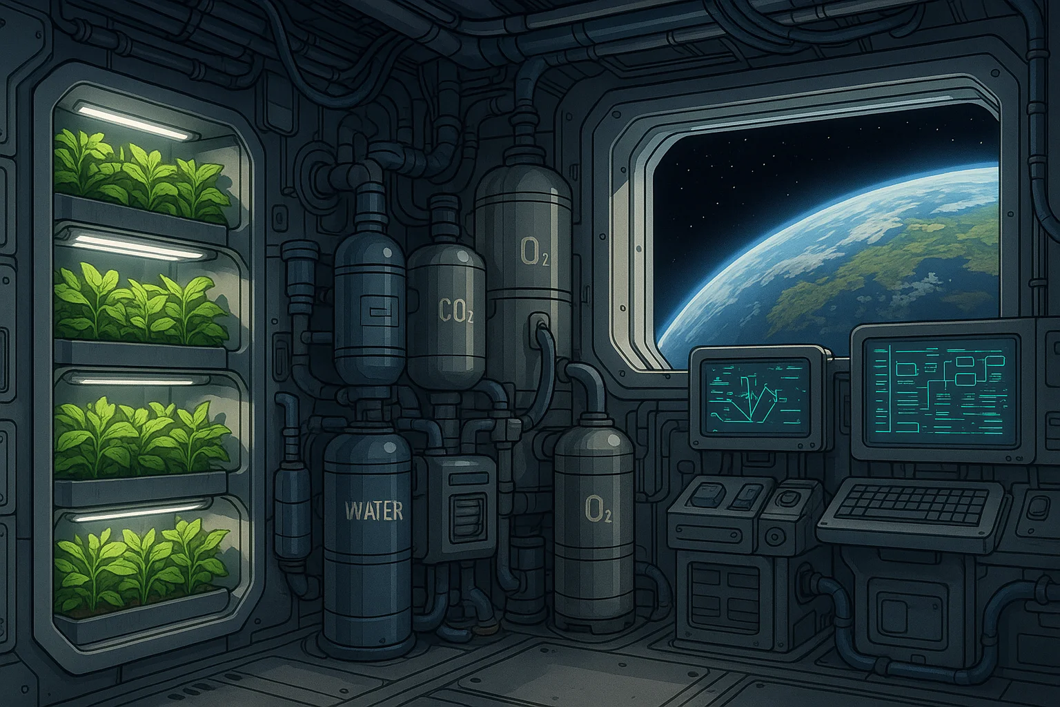 Interior view of space station showing life support systems